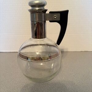 Vintage Glass Carafe Decanter with Silver Bands and Black Handle